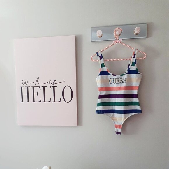 NWT Guess heather grey & multicolour stripe logo tank bodysuit, XS - Picture 10 of 11